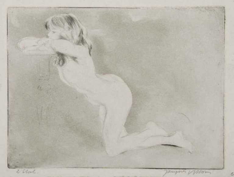 Print by Jacques Villon: Fillette Agenouillée, or Appuyée A Une Console, or Petit nu, represented by Childs Gallery