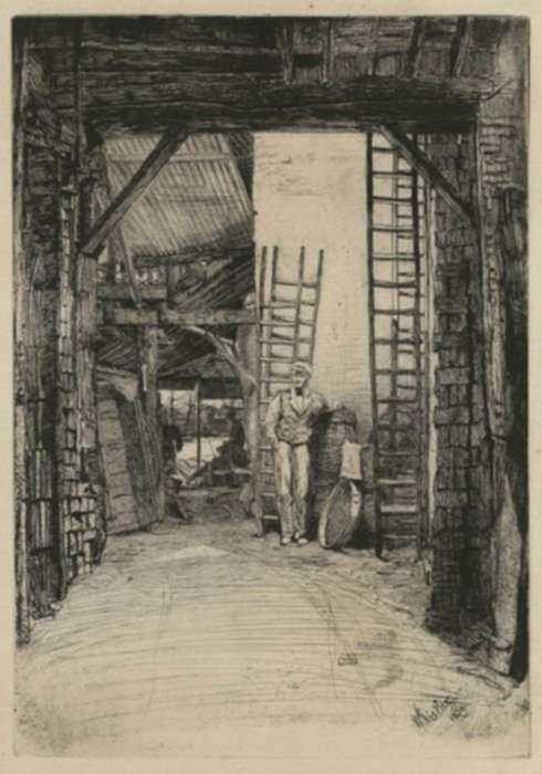 Print by James Abbott McNeill Whistler: The Lime-Burner, represented by Childs Gallery