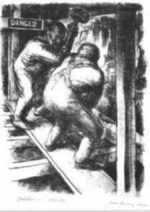 Print by James Penney: Builders, Radio City, represented by Childs Gallery