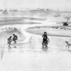 Drawing by Jan Gelb: [Women, Children and Dog at Beach], represented by Childs Gallery
