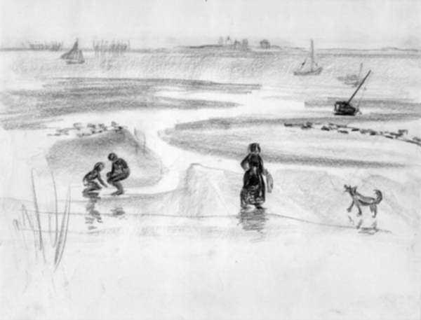 Drawing by Jan Gelb: [Women, Children and Dog at Beach], represented by Childs Gallery