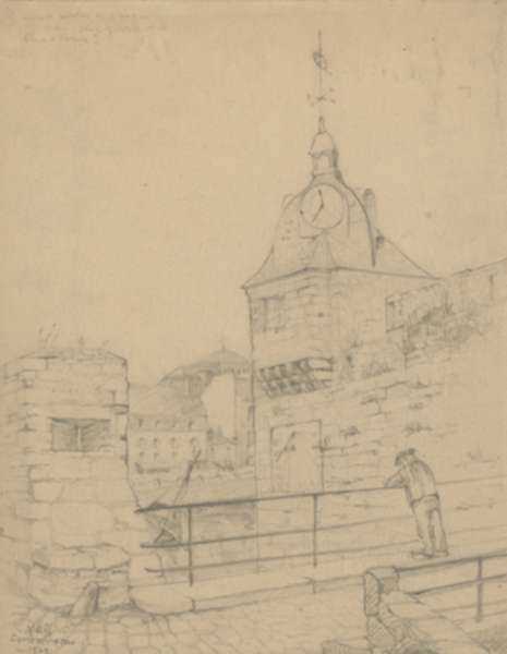 Drawing by Jan Gelb: Clocktower and Bridge [Conearneau, France], represented by Childs Gallery