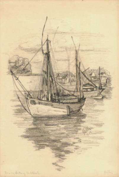 Drawing by Jan Gelb: From my Brittany Sketchbook (Sailboat in Harbor), represented by Childs Gallery