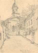 Drawing by Jan Gelb: Maison de Dieu, Concarneau [France] Deux cent sardines a cha, represented by Childs Gallery