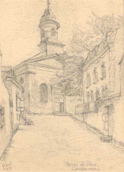 Drawing by Jan Gelb: Maison de Dieu, Concarneau [France] Deux cent sardines a cha, represented by Childs Gallery