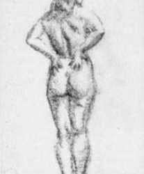 Drawing by Jan Gelb: Nude woman seen from behind, represented by Childs Gallery