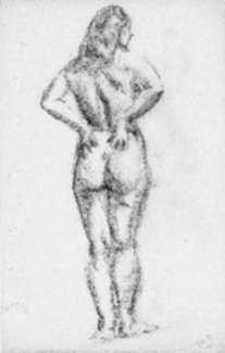 Drawing by Jan Gelb: Nude woman seen from behind, represented by Childs Gallery