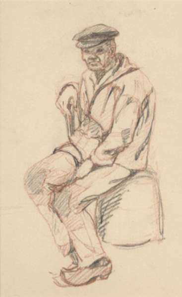Drawing by Jan Gelb: Seated Fisherman, represented by Childs Gallery