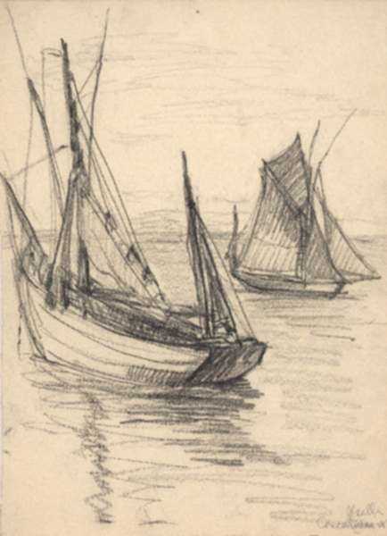 Drawing by Jan Gelb: Two Sailboats, Concarneau [France], represented by Childs Gallery