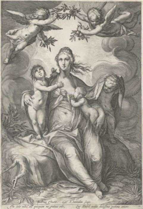 Print by Jan Pietersz Saenredam: Charity [after Hendrick Goltzius, Dutch (1558-1617)], represented by Childs Gallery