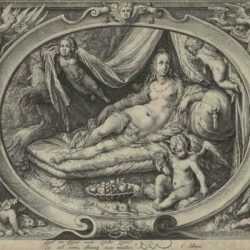 Print by Jan Pietersz Saenredam: Venus on Her Couch as Eros Fills His Quiver with Arrows [Aft, represented by Childs Gallery