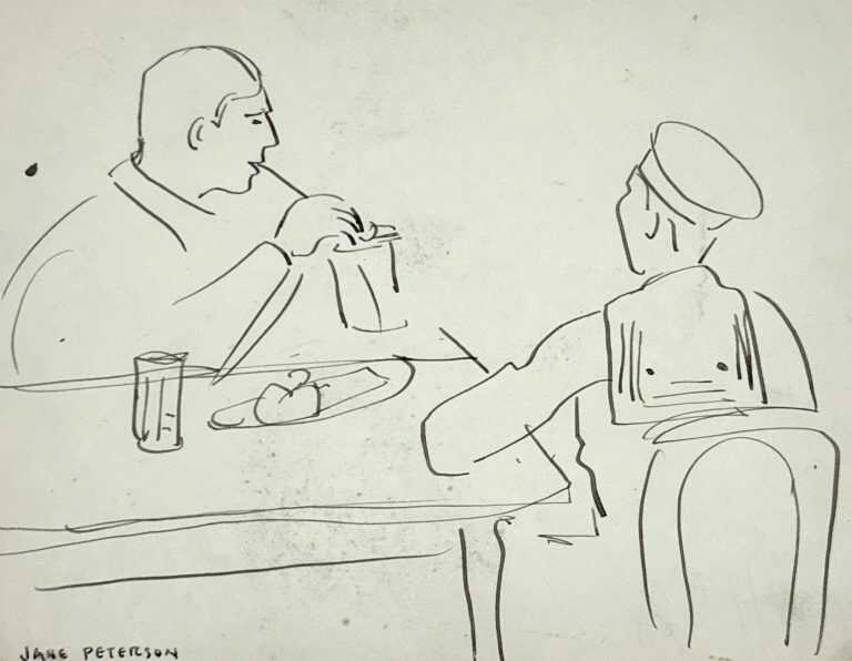 Drawing by Jane Peterson: [Man and Sailor Dining], available at Childs Gallery, Boston