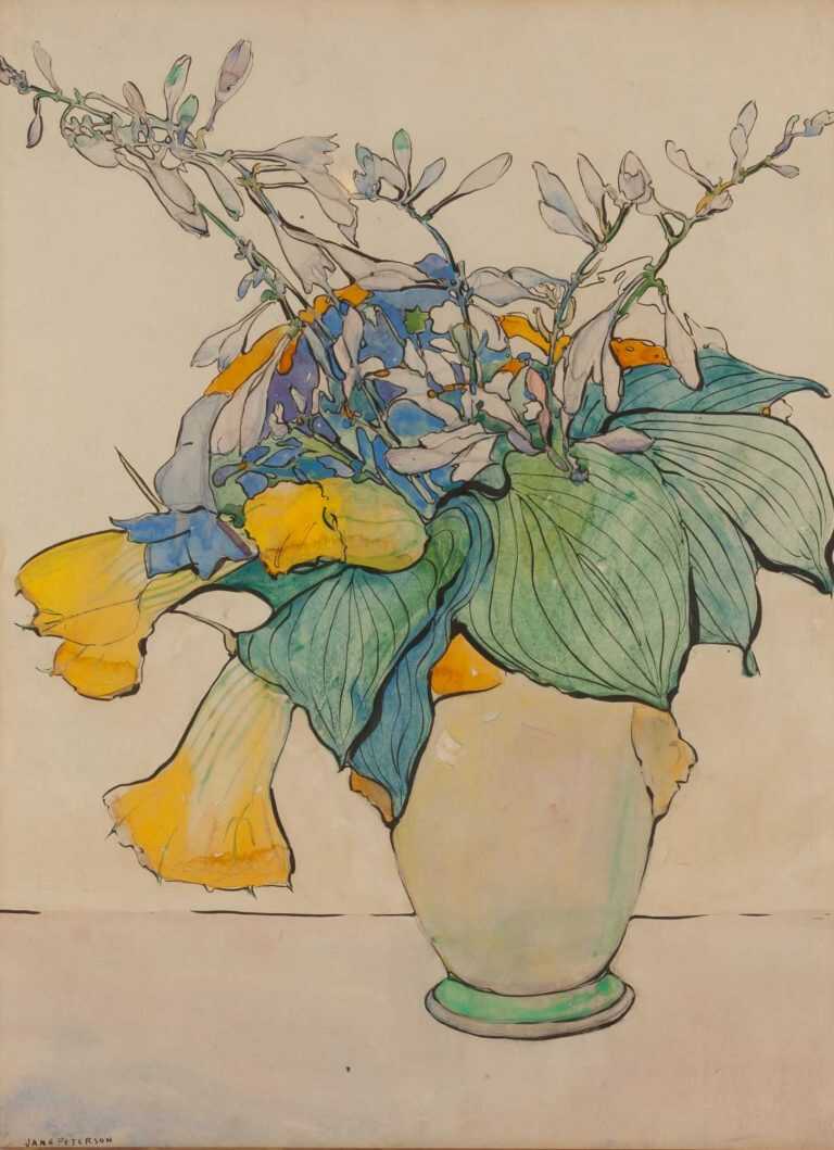 Watercolor By Jane Peterson: Squash In Yellow Vase At Childs Gallery