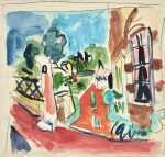 Watercolor by Jason Berger: Café Garden, St. Valery, available at Childs Gallery, Boston