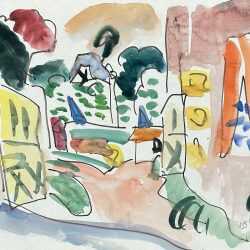 Watercolor by Jason Berger: Café Garden, St. Valery, available at Childs Gallery, Boston