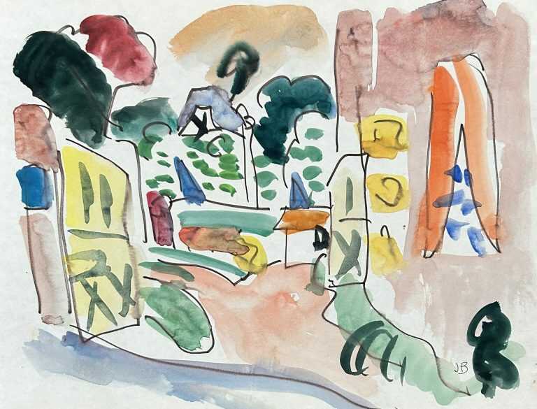 Watercolor by Jason Berger: Café Garden, St. Valery, available at Childs Gallery, Boston