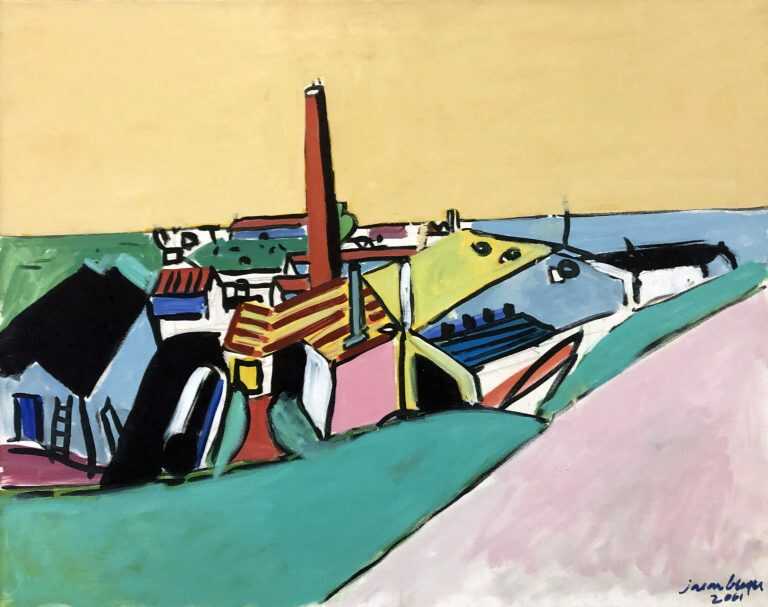 Painting by Jason Berger: Factories, Mexihoeira (Portugal), available at Childs Gallery, Boston