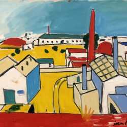 Painting by Jason Berger: Factories, Mexilhoeira, Looking Towards Portimao (Portugal), available at Childs Gallery, Boston