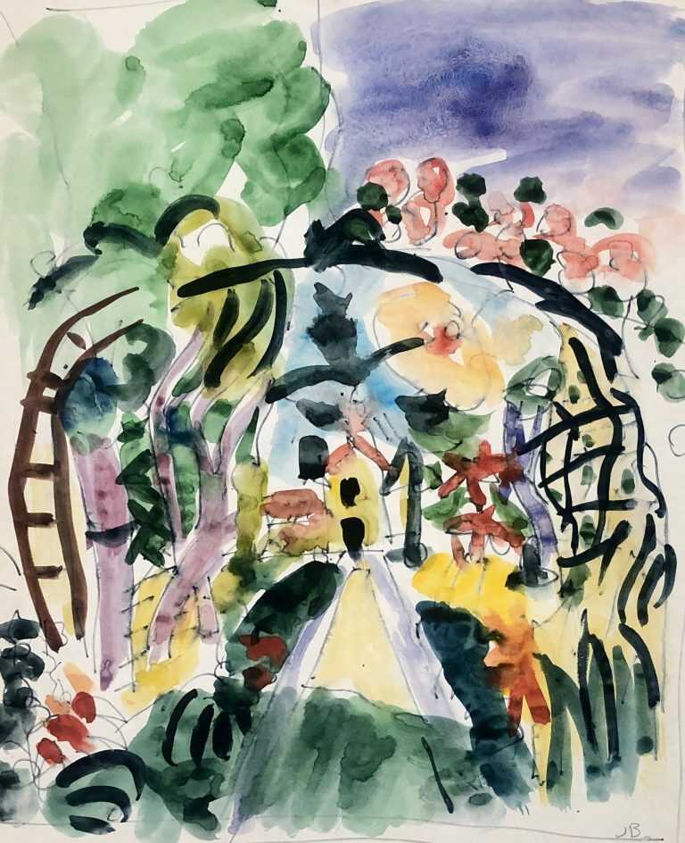 Watercolor by Jason Berger: Garden with Trellis, Cuernavaca, available at Childs Gallery, Boston