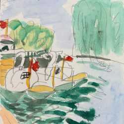 Watercolor by Jason Berger: Swan Boats, Boston Public Garden, available at Childs Gallery, Boston
