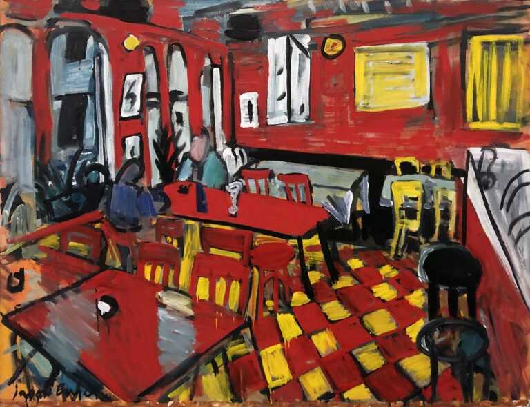 Painting by Jason Berger: The Red Cafe, available at Childs Gallery, Boston