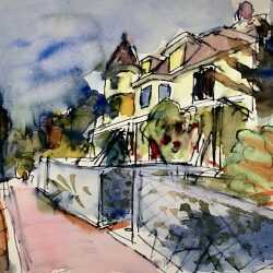 Watercolor by Jason Berger: University Road, Brookline, available at Childs Gallery, Boston