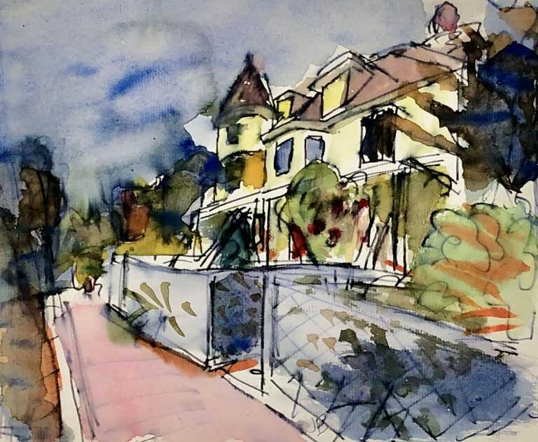 Watercolor by Jason Berger: University Road, Brookline, available at Childs Gallery, Boston