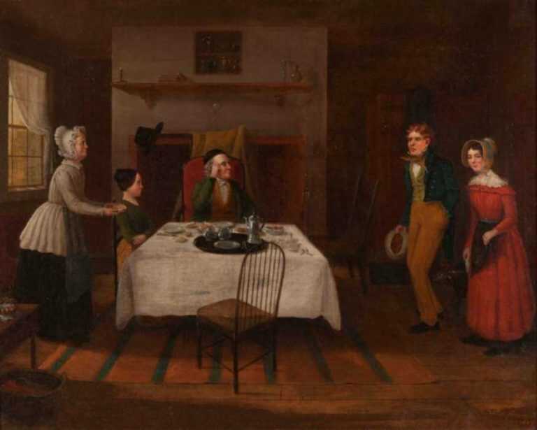 Painting by Jerome Thompson: The Country Parson Disturbed at Breakfast by a Couple Wishin, represented by Childs Gallery
