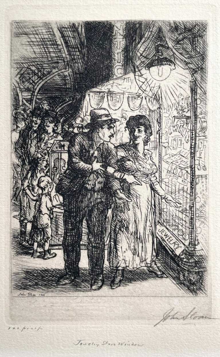 Print by John Sloan: Jewelry Store Window, or Carlotta's Indecision, available at Childs Gallery, Boston