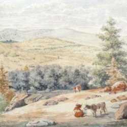 Watercolor by John R. Chapin: [Hilly Landscape with Cows, New York State], represented by Childs Gallery