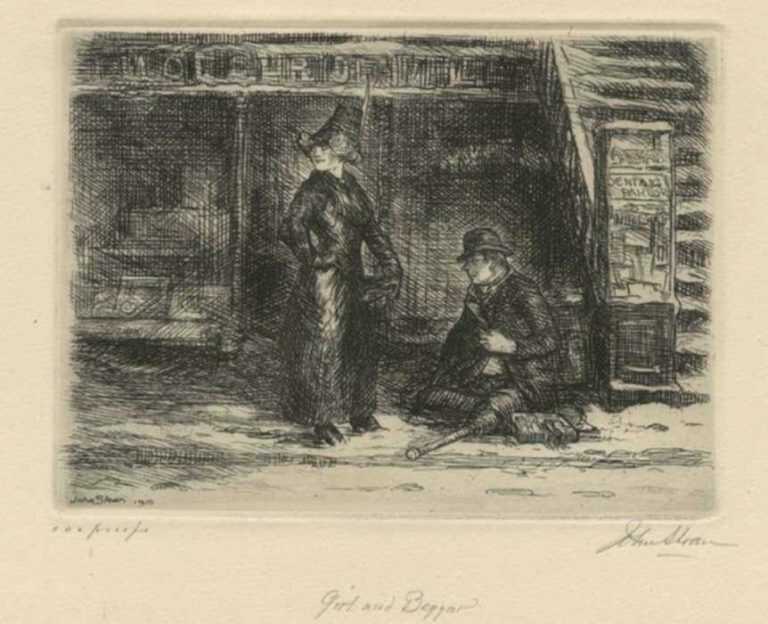 Print by John Sloan: Girl and Beggar or Putting the Best Foot Forward, represented by Childs Gallery