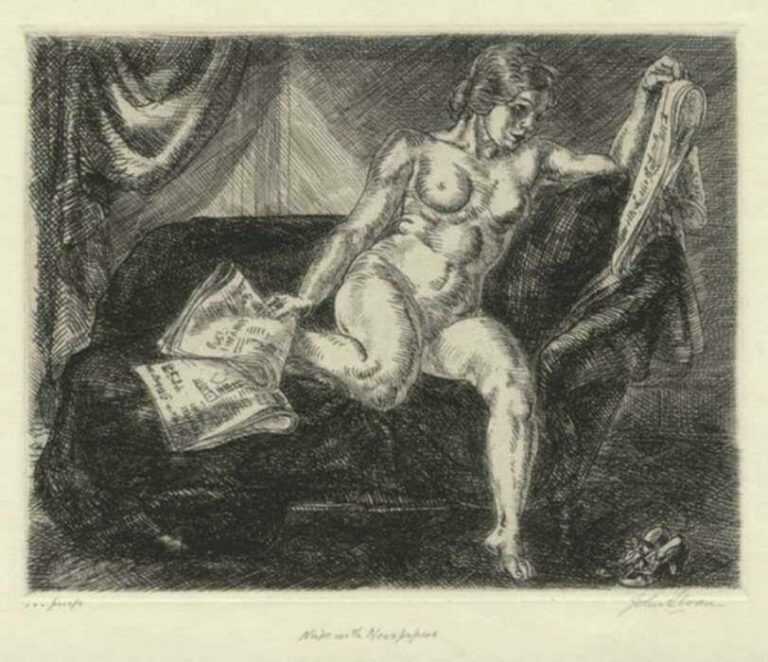 Print by John Sloan: Nude and Newspapers, represented by Childs Gallery