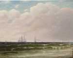 Painting by John Wells Stancliff: Sailing Vessels Offshore [Probably the Connecticut Shore], represented by Childs Gallery