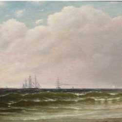 Painting by John Wells Stancliff: Sailing Vessels Offshore [Probably the Connecticut Shore], represented by Childs Gallery