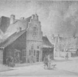 Print by Joseph A. Imhof: Neiuw Amsterdam [120 Broadway, New York-Time of Dutch], represented by Childs Gallery