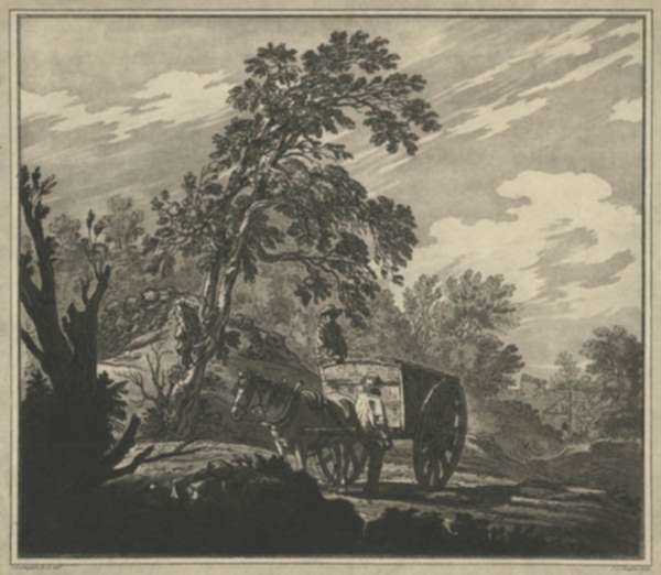 Print by Joseph Constantine Stadler: [Two Farmers with Horse and Wagon in the English Countryside, represented by Childs Gallery