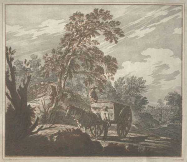 Print by Joseph Constantine Stadler: [Two Farmers with Horse and Wagon in the English Countryside, represented by Childs Gallery