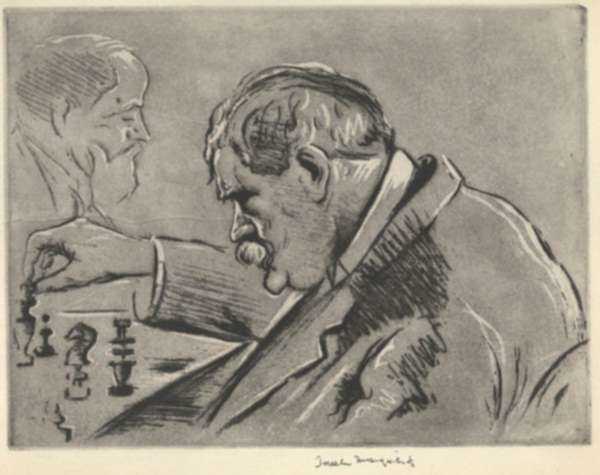 Print by Joseph Margulies: [Man Concentrating at Chess], represented by Childs Gallery