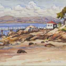 Watercolor by Joseph Margulies: [Rocky Coast with Cottages 2], represented by Childs Gallery