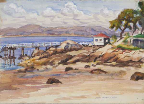 Watercolor by Joseph Margulies: [Rocky Coast with Cottages 2], represented by Childs Gallery