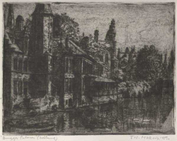 Print by Joseph Margulies: A Bit of Bruges or Bruges Palaces (Nocturne), represented by Childs Gallery