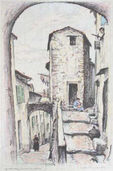 Print by Joseph Margulies: A Provincial Street of Archways or Street of Archways in Pro, represented by Childs Gallery