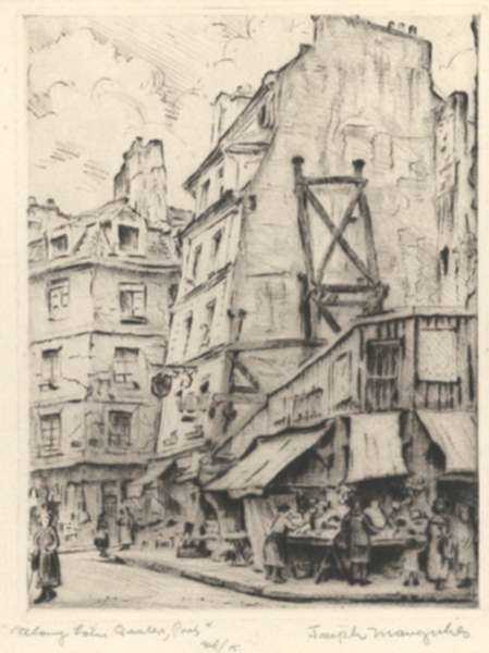 Print by Joseph Margulies: Along Latin Quarters, Paris [2] or Market at Left Bank, Pari, represented by Childs Gallery