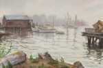 Watercolor by Joseph Margulies: Boats Docked in Fog (Copper Paint Factory as seen from East , represented by Childs Gallery