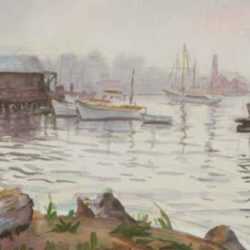Watercolor by Joseph Margulies: Boats Docked in Fog (Copper Paint Factory as seen from East , represented by Childs Gallery