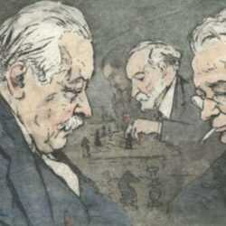 Print by Joseph Margulies: French Intellectuals Absorbed at Chess, represented by Childs Gallery