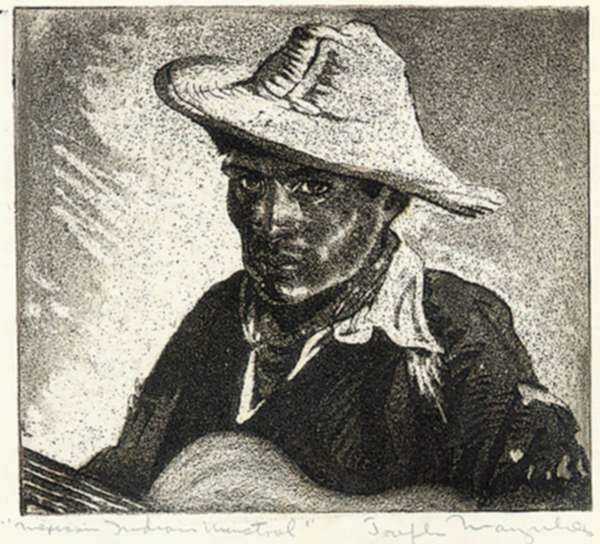 Print by Joseph Margulies: Mexican Indian Minstrel, represented by Childs Gallery