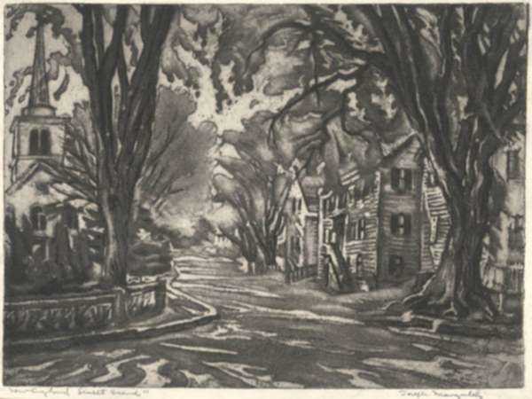 Print by Joseph Margulies: New England Street Scene, represented by Childs Gallery