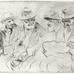 Print by Joseph Margulies: Park Bench Warmers or Discussing World Problems, represented by Childs Gallery
