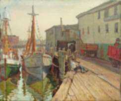 Painting by Joseph Margulies: Sitting at the Dock, Seven Seas Wharf, Gloucester, represented by Childs Gallery